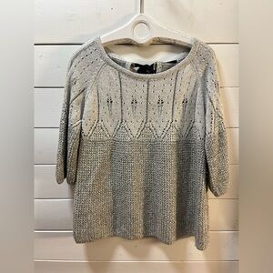 BEIGE GREY OPEN-KNIT SWEATER WITH METALLIC THREAD & BACK TIE – SIZE XXL